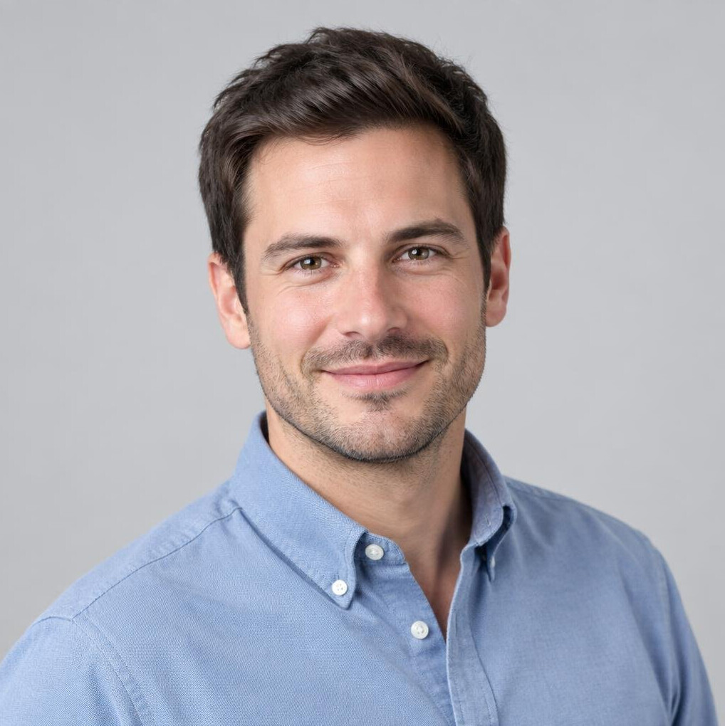 Studio portrait of a Swiss man in his 30s, sports reporter