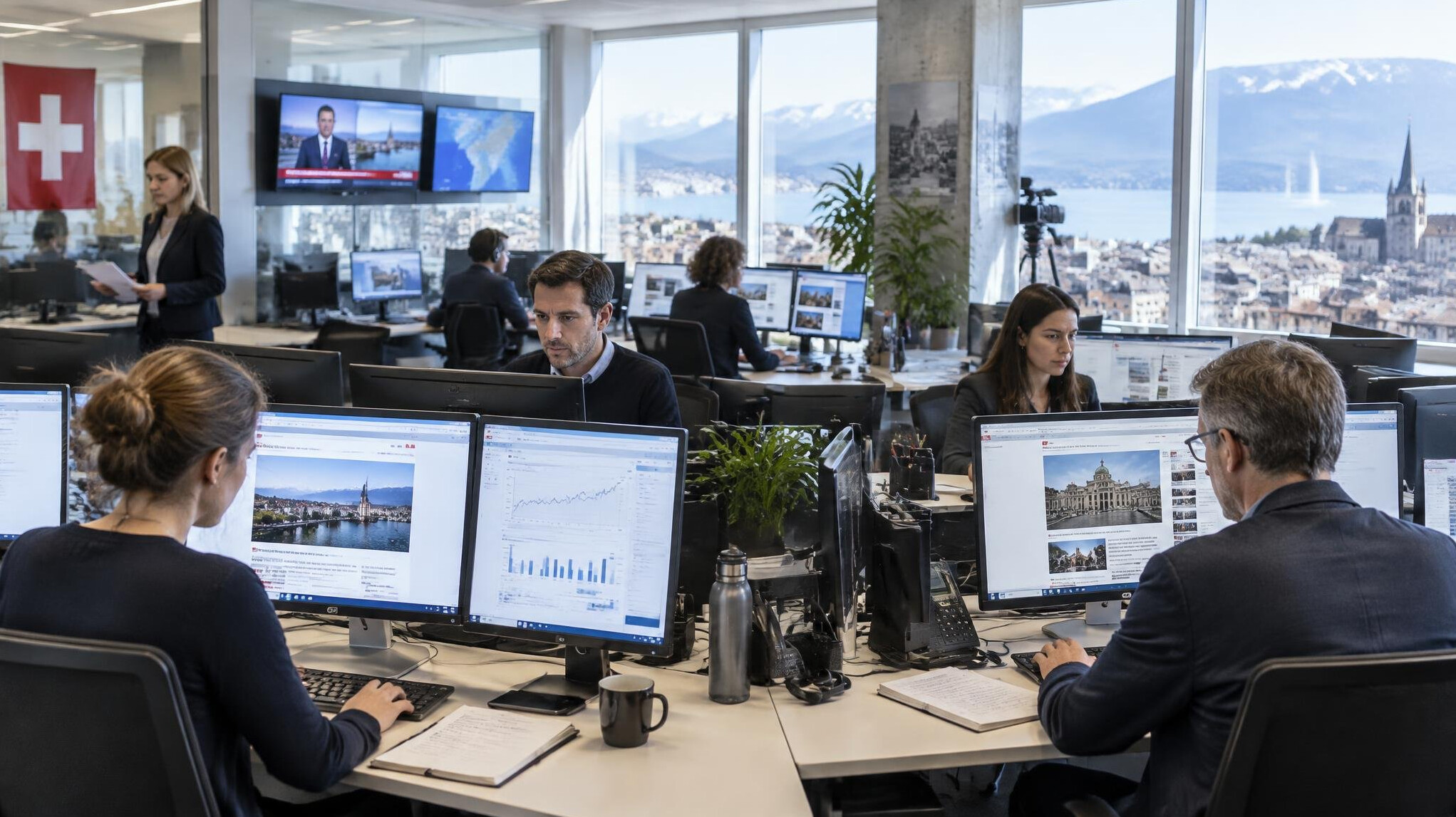 Journalists working at desks in a modern newsroom with monitors showing news websites